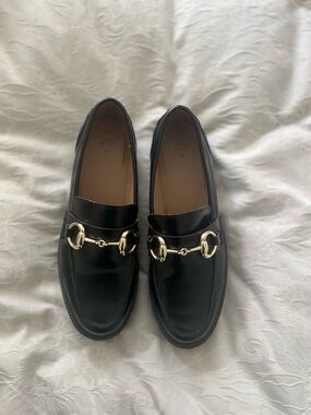 Chunky H&M Black Leather Loafers with Gold Hardware